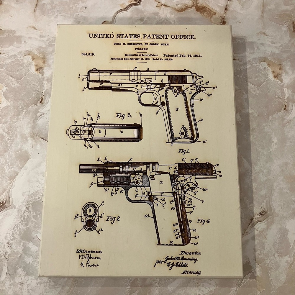Browning 1911 Patent Wall Art Wood Plaque Fire & Pine Laser Engraved USA Made